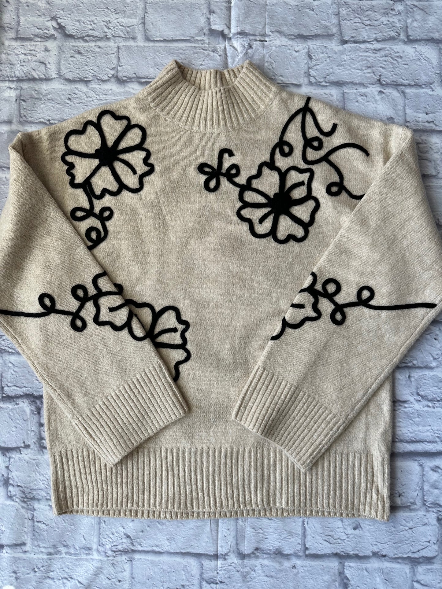 Turtleneck Ivory and Black Flower Sweater
